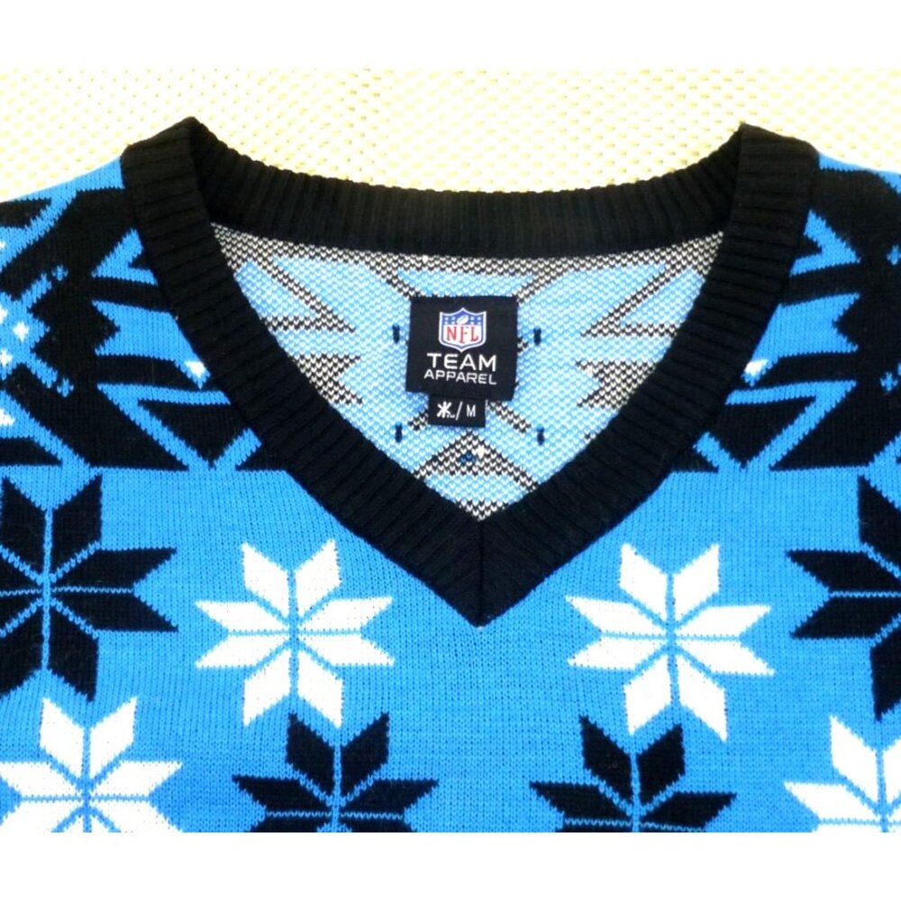 Carolina Panthers NFL Team Apparel Ugly Christmas Sweater Med V-Neck Black & Blu - Picture 4 of 10